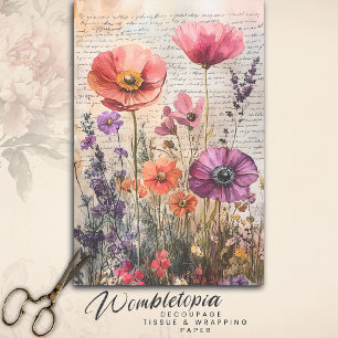 Vintage Wildflower Garden on Old Script Decoupage Tissue Paper