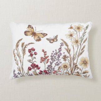 Vintage Wildflower Meadow with Butterflies Accent Pillow
