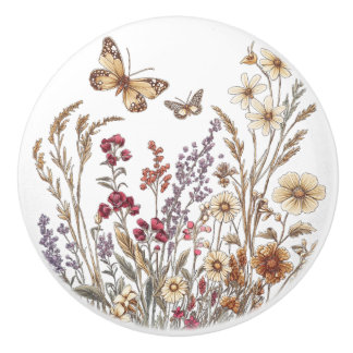 Vintage Wildflower Meadow with Butterflies Ceramic Knob