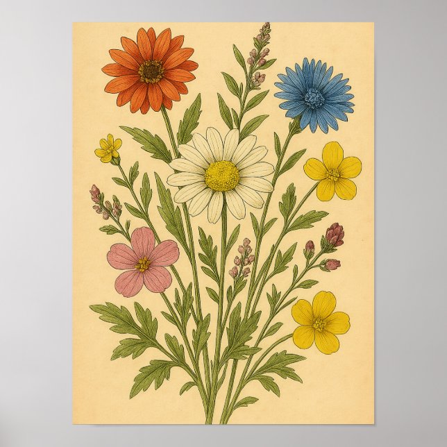 Vintage Wildflower on Weathered Paper Poster (Front)