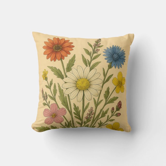 Vintage Wildflower on weathered paper Throw Pillow (Front)
