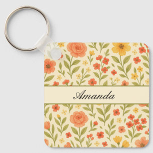 Vintage Wildflower Pattern Name Keychain