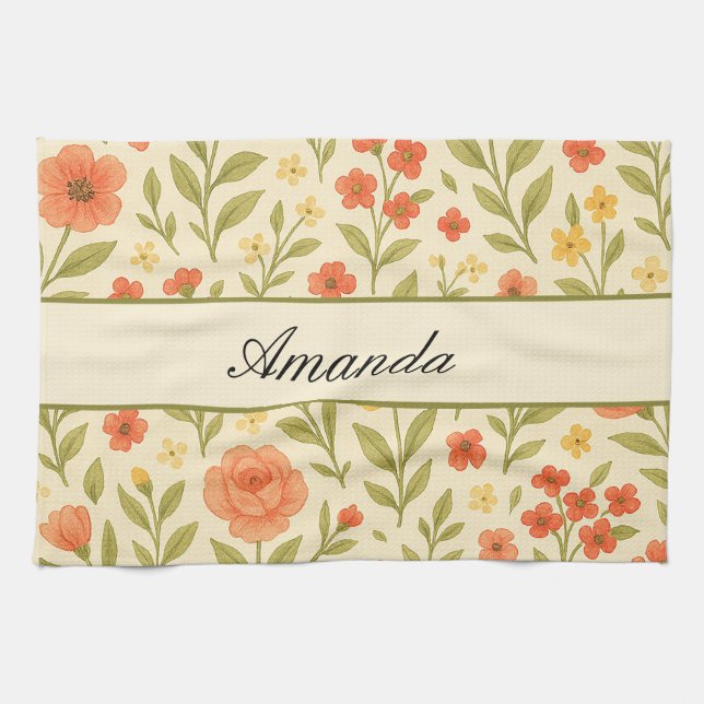 Vintage Wildflower Pattern Name Kitchen Towel (Horizontal)