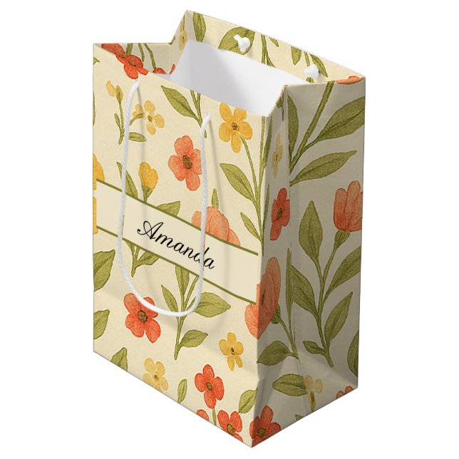 Vintage Wildflower Pattern Name Medium Gift Bag (Front Angled)