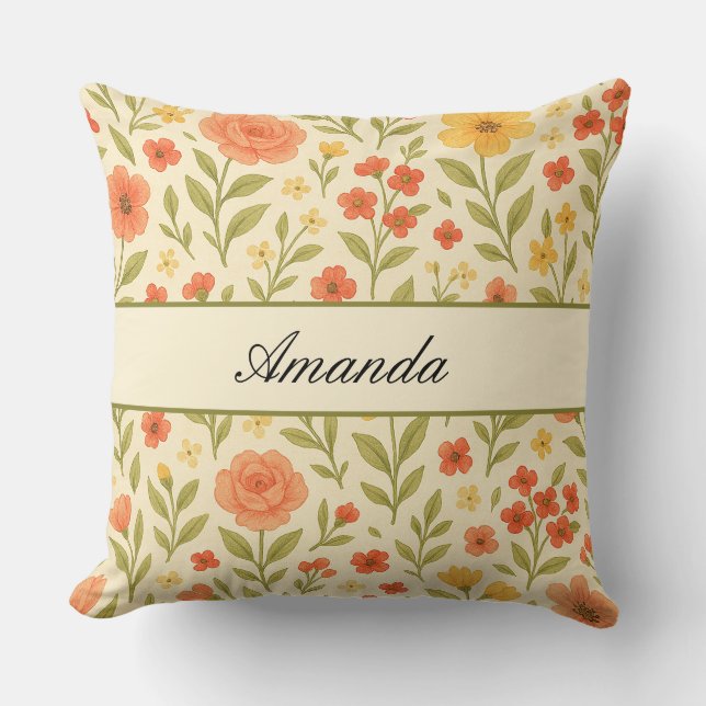 Vintage Wildflower Pattern Name Throw Pillow (Front)