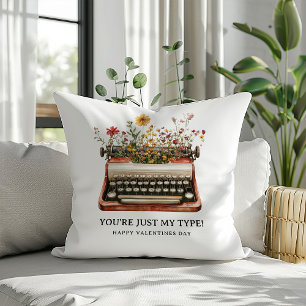 Vintage Wildflower Typewriter Valentines Gift Throw Pillow