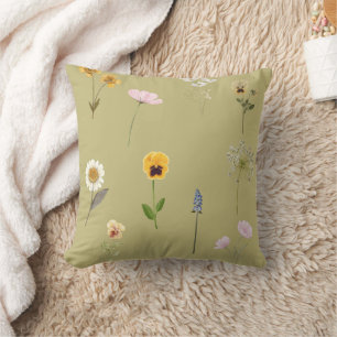 Vintage Wildflower Watercolor Collage on Sage Gree Throw Pillow