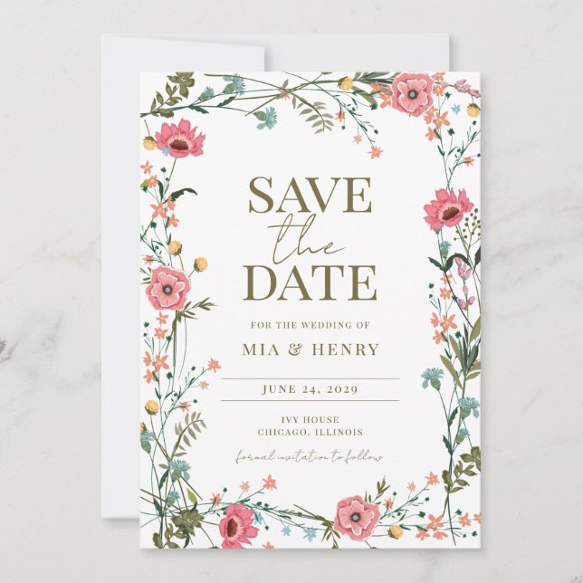 Vintage Wildflower Wedding Photo Save the Date Invitation (Front)