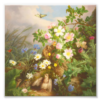 Vintage Wildflowers and Baby Bird Oil Painting Photo Print