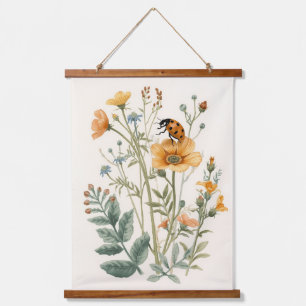 Vintage Wildflowers and Ladybug Botanical Watercol Hanging Tapestry