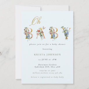 Vintage Wildflowers Gold and Blue Baby Shower Invitation