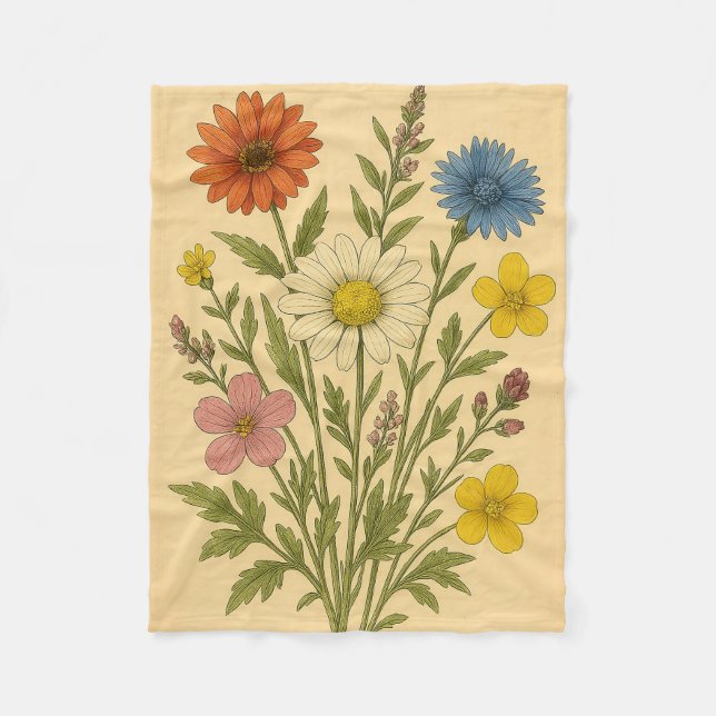 Vintage Wildflowers on Weathered Paper Fleece Blanket (Front)
