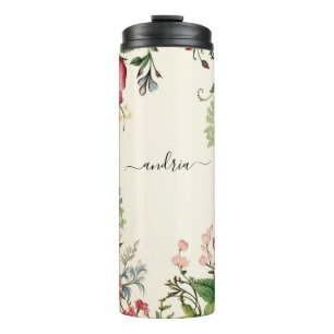 Vintage Wildflowers, Personalize Black Script Name Thermal Tumbler