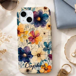Vintage Wildflowers Purple & Orange Personalized iPhone 15 Case