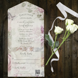 Vintage Wildflowers with Butterfly with QR Code All In One Invitation
