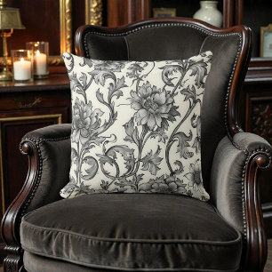 Vintage William Morris Antique Black White Floral Throw Pillow