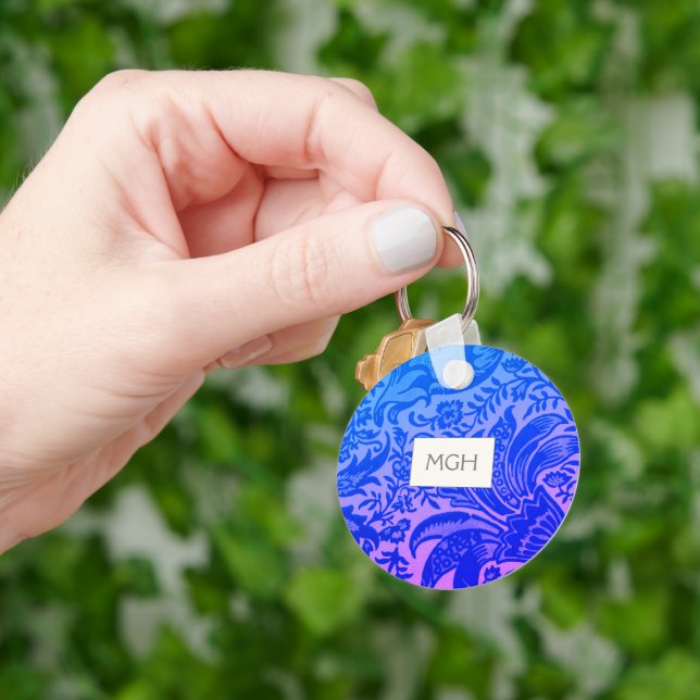Vintage William Morris Blue Botanical Monogram Keychain (Hand)