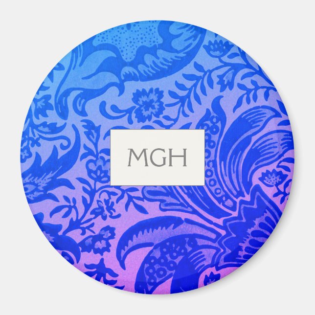 Vintage William Morris Blue Botanical Monogram Magnet (Front)