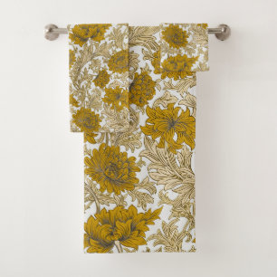 Vintage William Morris Earth Tone Floral Pattern Bath Towel Set