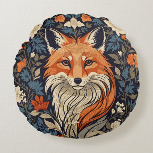 Vintage William Morris Inspired Floral Red Fox Round Pillow