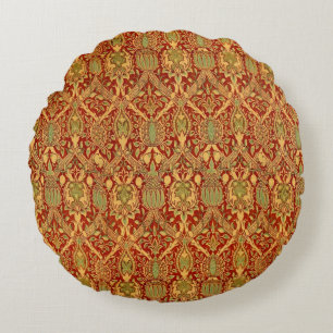 Vintage William Morris Pattern Red Turquoise Gold Round Pillow