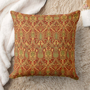 Vintage William Morris Pattern Red Turquoise Gold Throw Pillow
