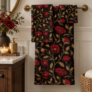 Vintage William Morris Red Gold Poppy Floral Bath Towel Set