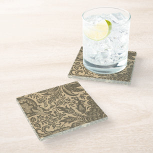 Vintage William Morris Sepia Tan Botanical Glass Coaster
