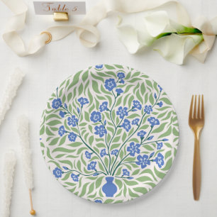 Vintage William Morris Style Blue Flower Vase Paper Plate