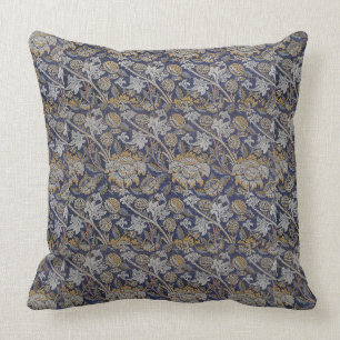 Vintage William Morris Wey Pattern Blue Background Throw Pillow