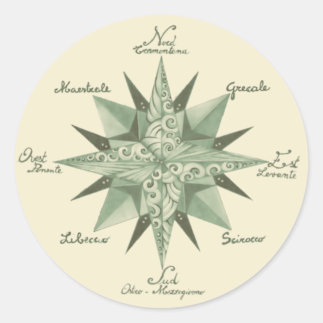 Vintage Wind Rose Sticker, Glossy Classic Round Sticker (Front)