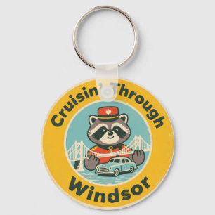 Vintage Windsor Ontario Retro Car and Raccoon Keychain