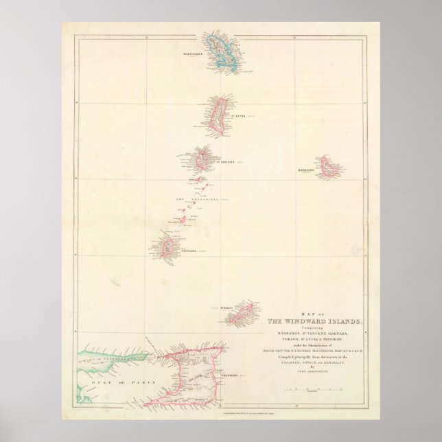 Vintage Windward Islands of The Caribbean Map Poster (Front)