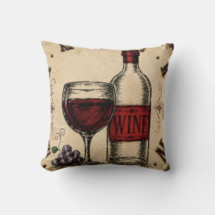 Vintage Wine Bottle and Glass Rustic Vineyard Throw Pillow