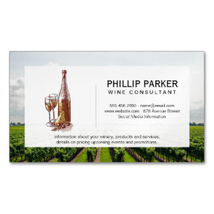 Vintage Wine Bottle and Glasses Vineyard Magnetic Business Card