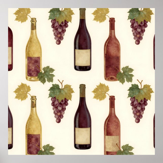 Vintage Wine Bottle Grapevine Pattern Poster (Front)