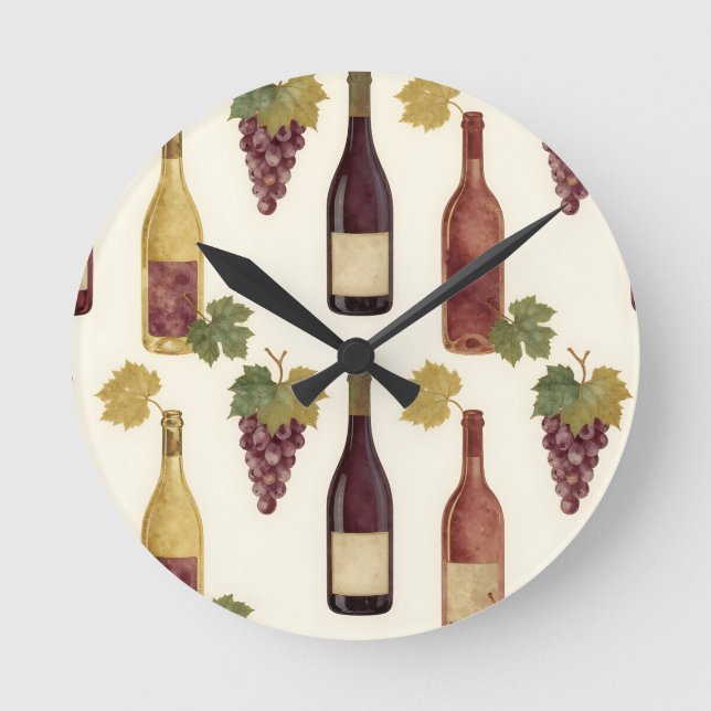 Vintage Wine Bottle Grapevine Pattern Round Clock (Front)