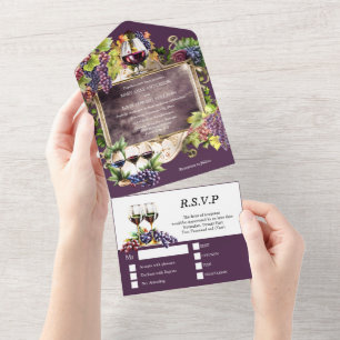 Vintage wine emblem frame burgundy gold grapes  all in one invitation