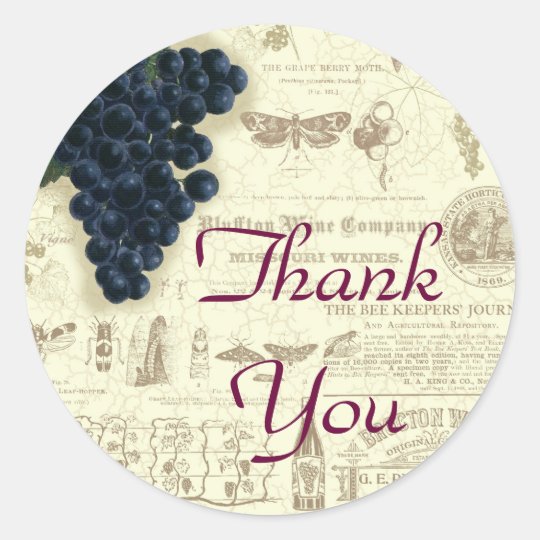 Vintage Wine Grape Collage Thank You Classic Round Sticker