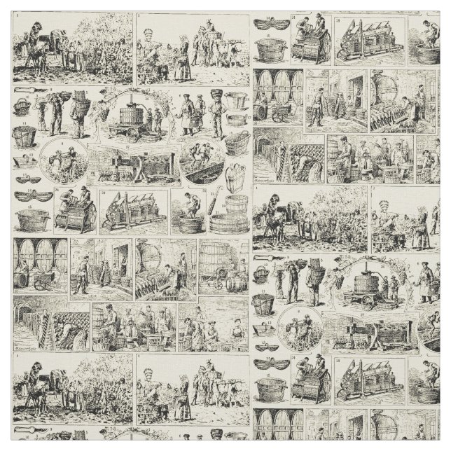 Vintage Wine Making Vineyard Pattern Fabric (Swatch)
