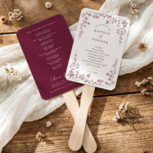 Vintage Wine Red French Floral  Wedding Program Hand Fan
