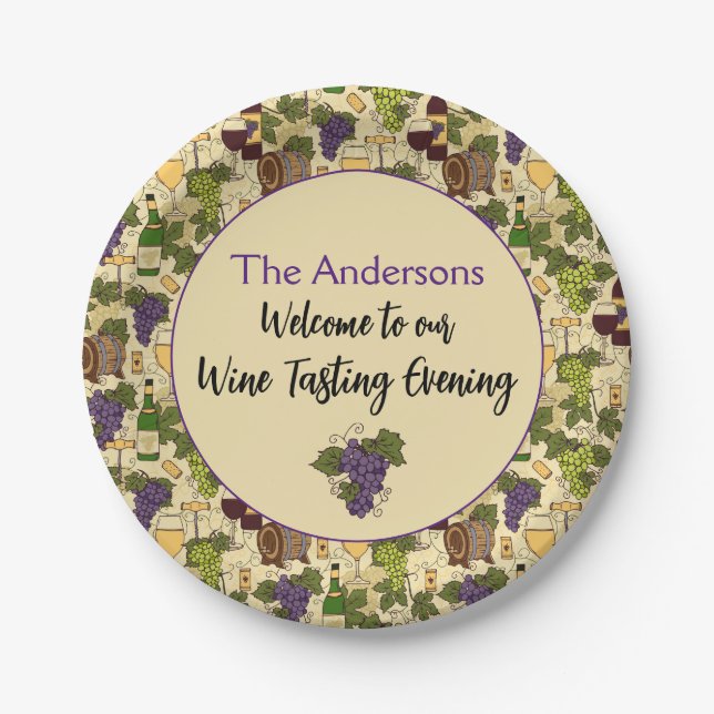 Vintage Wine Tasting Party Custom Name Paper Plate (Front)