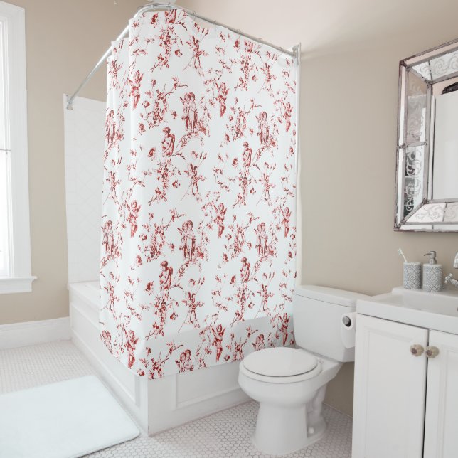 Vintage Winged Cherub Angels Flowers Red Toile (In Situ)