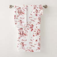 Vintage Winged Cherub Angels Flowers Red Toile