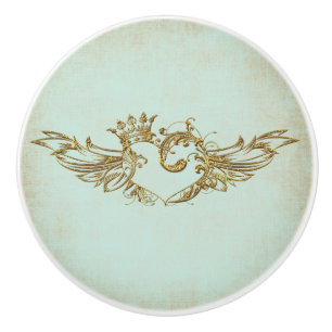 Vintage Winged Heart Aqua Cream Ceramic Knob