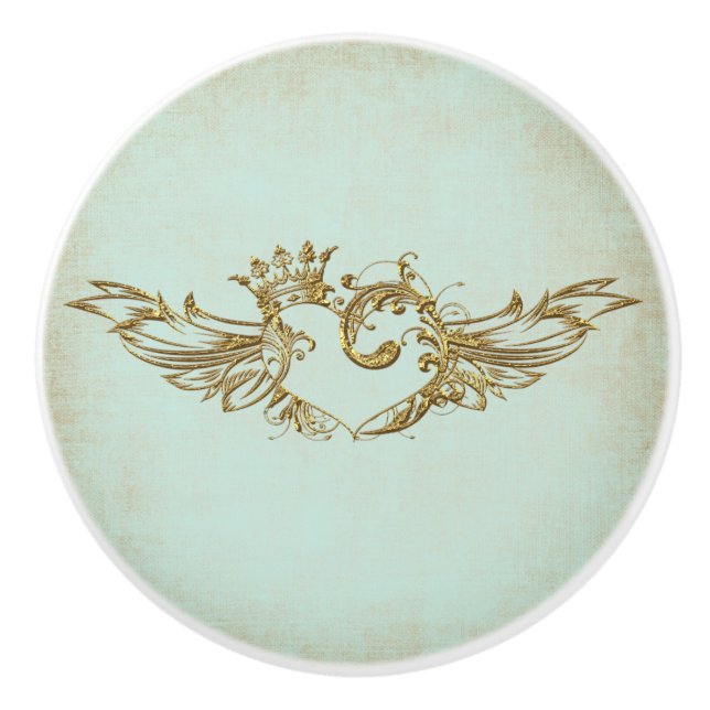 Vintage Winged Heart Aqua Cream Ceramic Knob (Front)