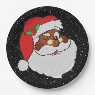 Vintage Winking Black Santa Pop Art Paper Plate