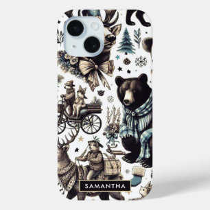 Vintage Winter Animals Pattern iPhone 15 Case