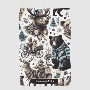 Vintage Winter Animals Pattern Golf Towel