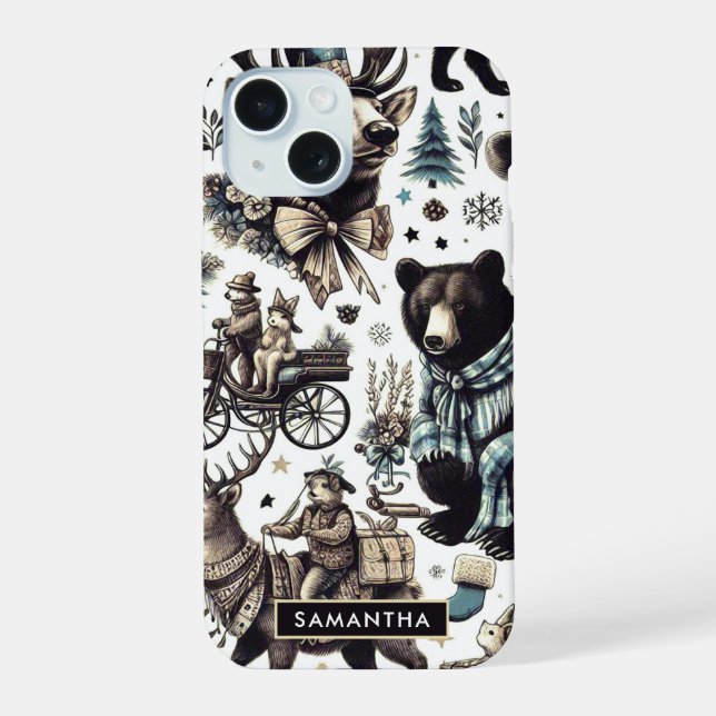 Vintage Winter Animals Pattern iPhone 15 Case (Back)